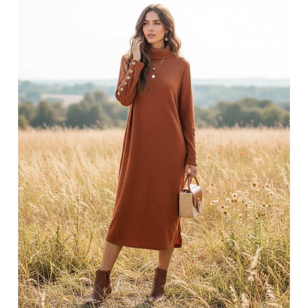 Tacera 2X Midi Dress Orange‎ Knit Cozy Comfy Earthy Goblin Rustic Minimalist 70s